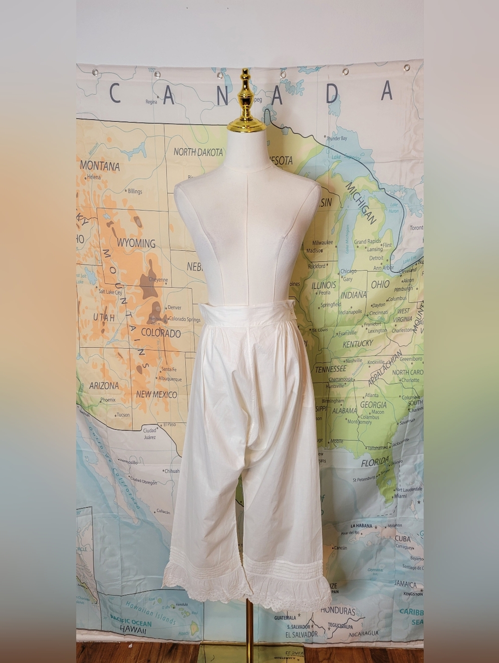 Vintage Antique White Cotton Bloomers With Lace Trim & Side Button